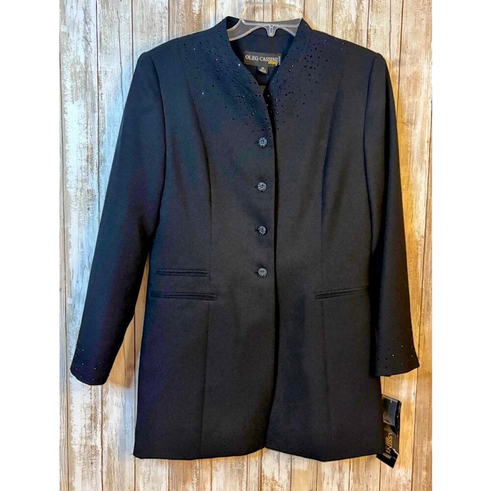Oleg Cassini Women's Button-up‎ Beaded Black Long Blazer Jacket Size 10 NWT